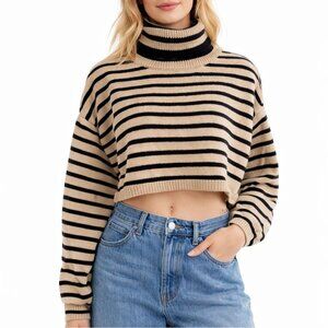 Olivaceous Cropped Turtleneck Sweater Black Beige Stripe S Parisian chic Luxury